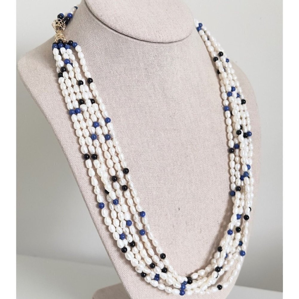 Vintage 14k Yellow Gold Pearl 6 Row Multi Strand Onyx Lapis Statement Necklace